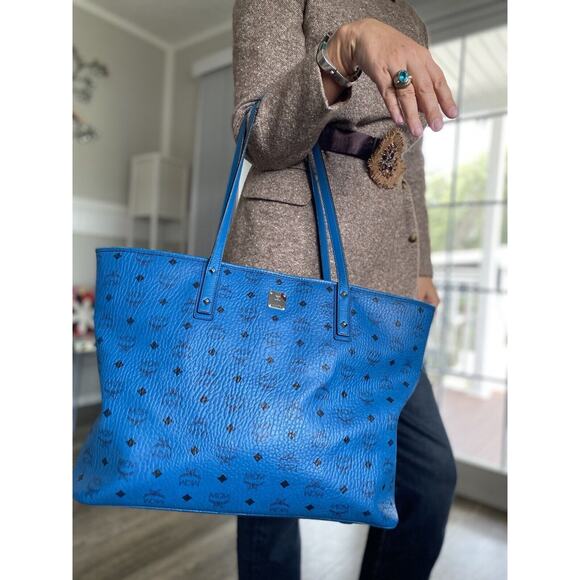 MCM Large Top Zip Shopper Tote Munich Cerulean Blue Leather - Picture 1 of 16